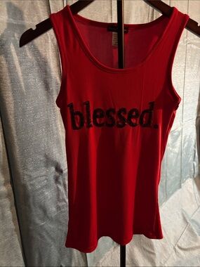 Women's Red Ribbed 'blessed.' Sequin Tank Top